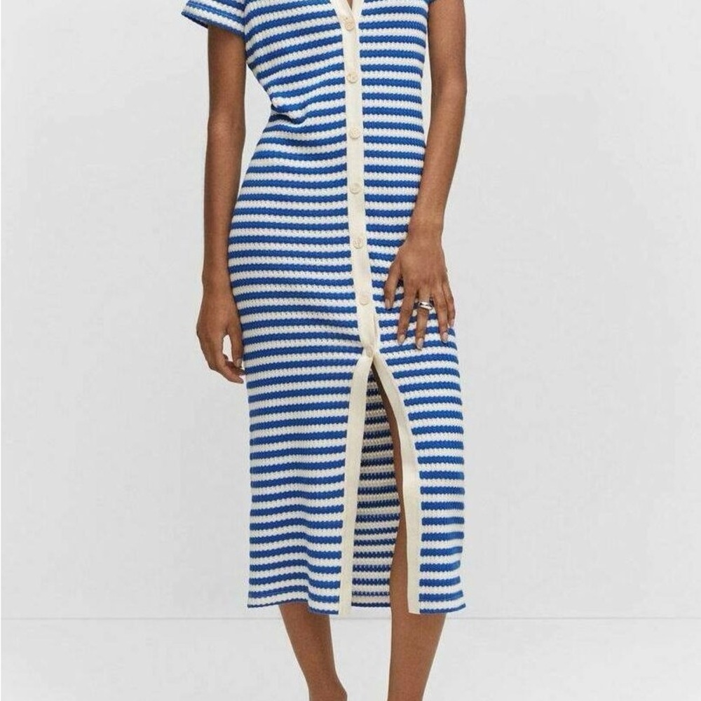 Mango Blue & White Striped Button-Front Knit Midi Dress